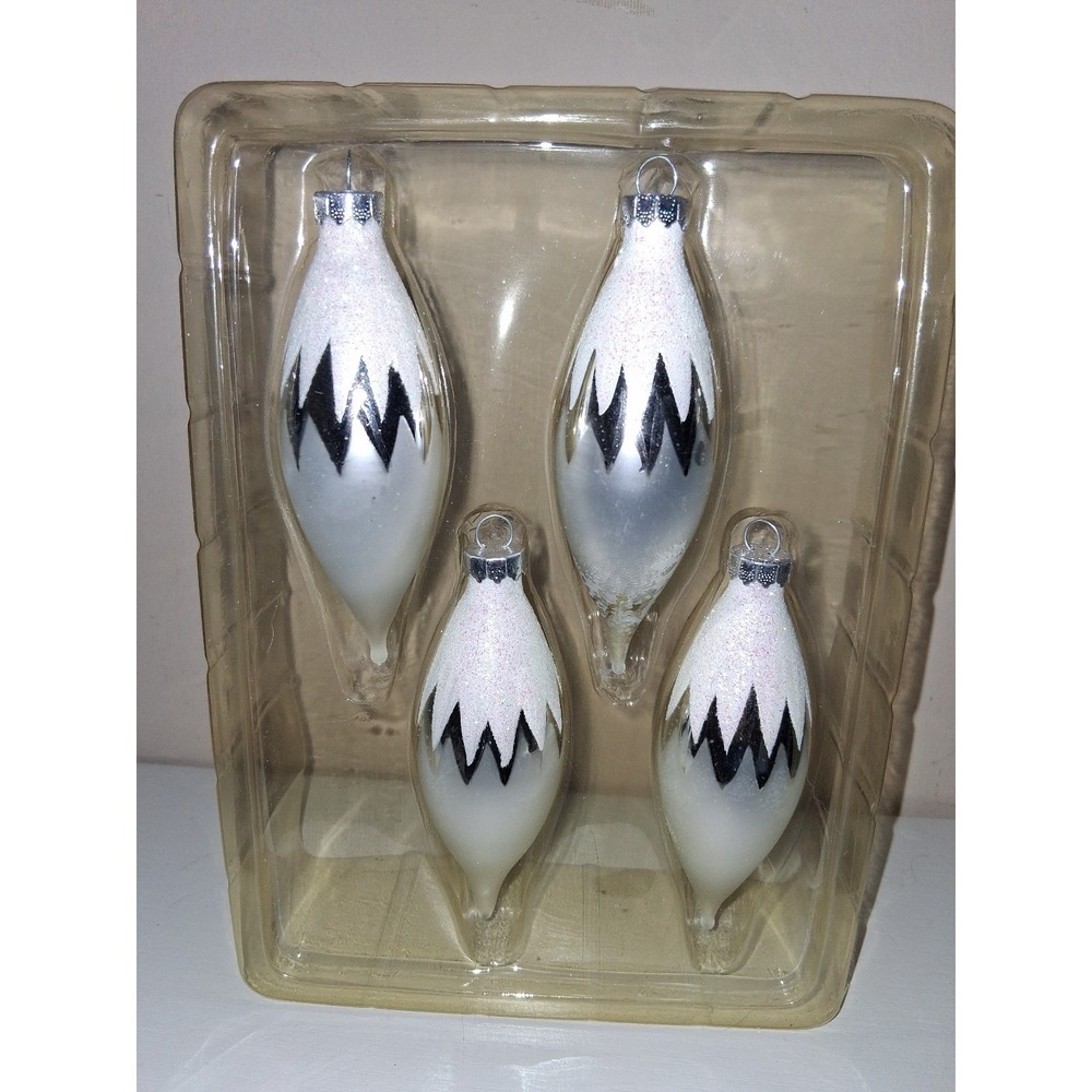 Rauch Vintage 5" Glass Teardrop Christmas Ornaments Silver White Glitter